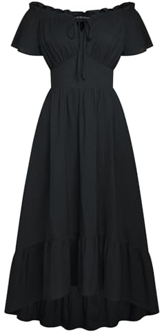 Damen Renaissance Trachtenkleid Off Shoulder mit Tasche A Linie Abendkleid Schwarz L