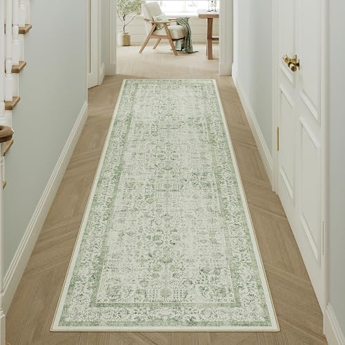 HUGEAR Alfombra Pasillo Larga Verde Alfombras Cocina Lavable Antideslizante Tapetes 60x180cm para Sala Habitacion Dormitorio Comedor Flor Vintage Tapete Pelo Corto
