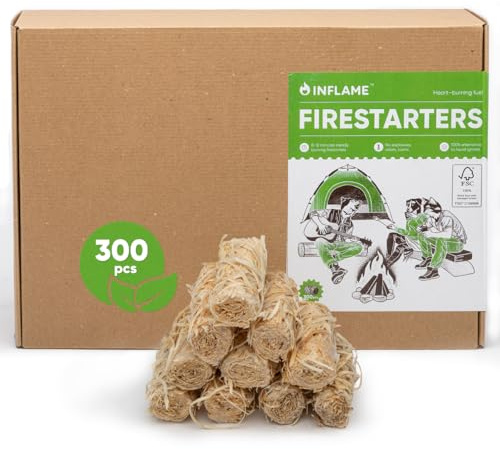 Inflame Fire Starters 300 pcs Fire Starters for Campfires, Grill, BBQ, Fireplace, Woodstove - Charcoal Starter - Waterproof, Weather-Resistant - Natural Wood Fireplace Starters