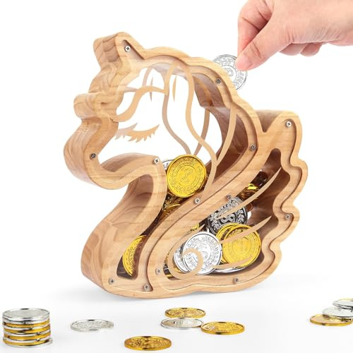 Foycool Wooden Unicorn Piggy Bank for Kids, Boys and Toddlers - Cute Unicorn Money Bank, Natural Wood Coin Savings Jar | Personalized Birthday Gift Idea, Unique Present for Children, Boys Room Decor