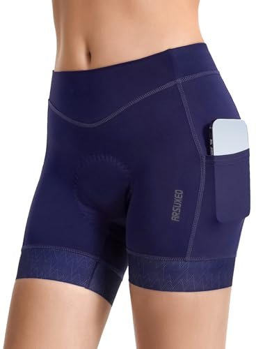 ARSUXEO Cykelshorts kvinnor vadderade cykelshorts damer MTB tights lila cykeltillbehör med fickor 579, BLÅ, L