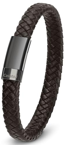 Casisto.J Läderarmband för män, premium flätat äkta läder brett omlottarmband med magnetlås i rostfritt stål, fars dag, födelsedag, presenter för män, 21cm
