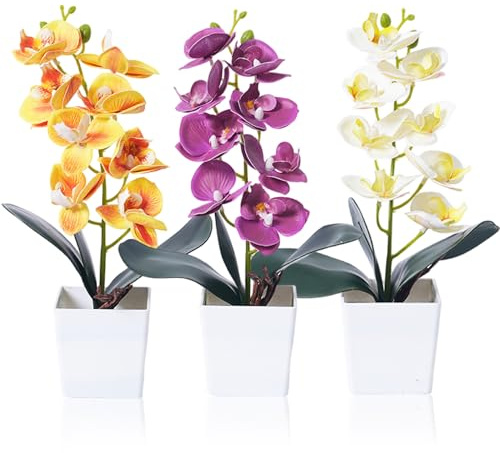 Wilafury 3 orchidee artificiali in vaso di ceramica, pianta di orchidea finta con 8 steli, fiori di seta dall'aspetto realistico per l'arredamento di casa e ufficio (viola+bianco+arancione)