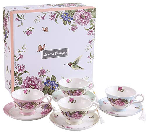 Tea Cup and Saucer Set 4 Coffee Cups Gifts for Women Expresso Coffee Cup Afternoon Tea Set New Bone China Vintage Flora Rose Gift for Her for Home Restaurants and Tea House (1 set of 4)