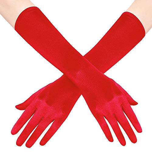 Coucoland Damen Handschuhe Satin Classic Opera Fest Party Audrey Hepburn Handschuhe 1920s Handschuhe Damen Lang Kurz Elastisch (Rot/38cm)
