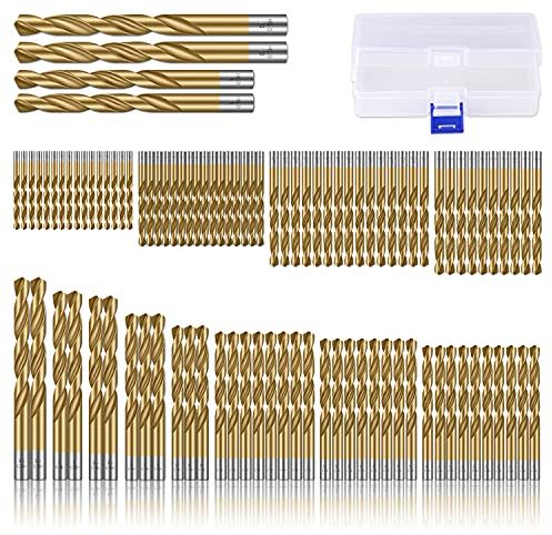 CYLBAQ 99pcs Titanium Coated Steel Drill Bit Sets, 1.5-10mm Drill Bits for Drilling Wood, Plastic, Aluminum, Copper and Thin Iron, High Speed Steel HSS 4241 Wood Drill Bits