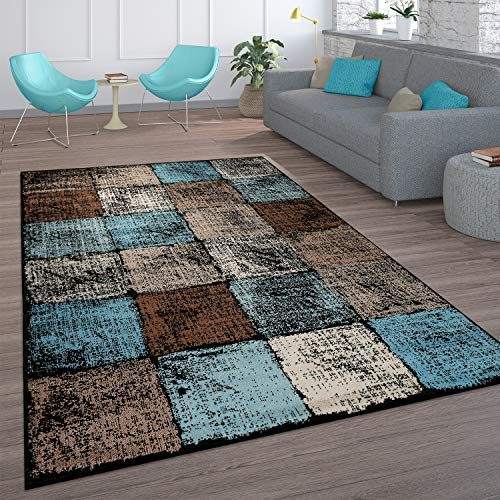 Paco Home Teppich Wohnzimmer Vintage Kurzflor Orientalisch Modern Rautenmuster Geometrisches Design Braun Türkis, Grösse:160x220 cm, Farbe:Braun