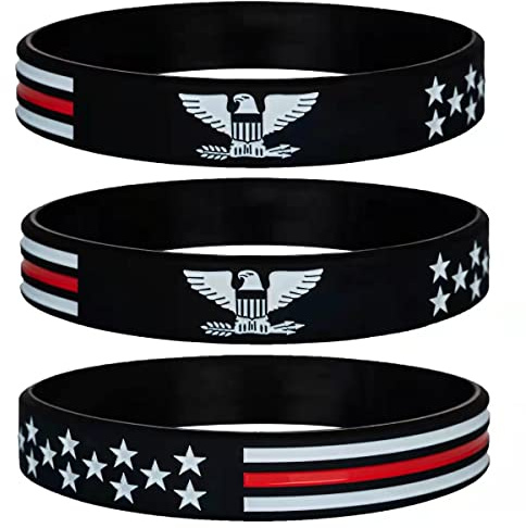 Sainstone Power of Faith Thin Red Line American Flag Silicone Bracelets with American Power Eagle - Motivational Rubber Wristbands Gifts for Patriots, Men, Women, Teens, Army and Sport Fans (unisex)