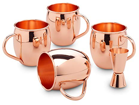 ECHTWERK Lot de 4 gobelets en cuivre de 500 ml, 1 Jigger 2 cl / 4 cl, Argenté