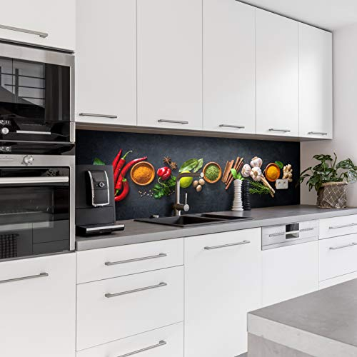 Dedeco köksbakvägg motiv: Kryddor V2, 3 mm akrylglas som stänkskydd för köksväggen, väggskydd, dekorativ vägg vattentät, 3D-effekt, alla underlag, 220 x 60 cm