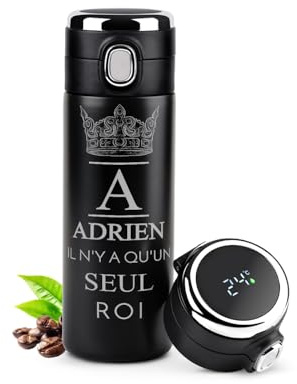 Maverton Gourde Isotherme Personnalisable, Mug hermétique 400ml | Avec gravure, Cadeau Homme, pour café, thé, Bouteille Isotherme avec afficheur LED, Cadeau Anniversaire Homme, roi