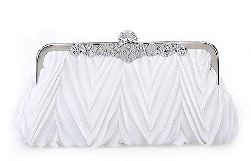 Milky Way Women's Clutch Satin White Clutch Bags for Women Pleated Small Ladies Purse With Detachable Chain Elegant Handbags for Wedding Bridal Prom Cocktail Party Evening Bag