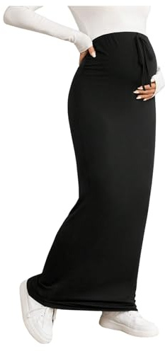 SHENHE Women's Maternity Skirt Knit Adjustable Waist Drawstring Maxi Skirt Black S