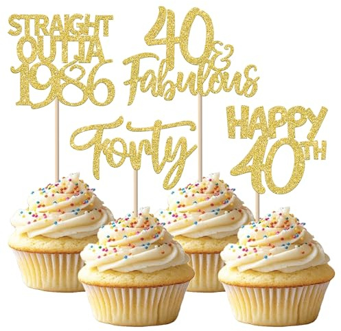 SYKYCTCY 24 Pack Happy 40th Birthday Cupcake Toppers Straight Outta 1986 Forty Awesome Since 1986 Cupcake Picks 40 Fabulous Cake Decorations for 40th Birthday Anniversary Party Gold