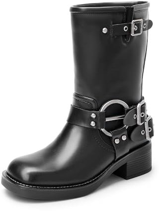 DREAM PAIRS Damen Wadenhohe Stiefel Motorradstiefel mit quadratischer Zehenpartie und Schnallen Bikerstiefel mit niedrigem klobigem Absatz,Size 40,Schwarz,SDMB2405W