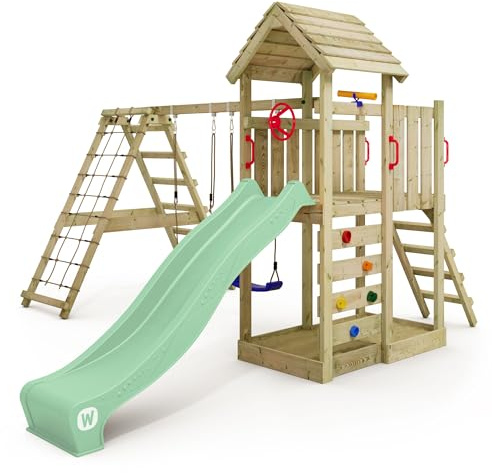 WICKEY Tour de Jeux RocketFlyer avec balançoire & Toboggan, Tour d'escalade pour Enfants avec bac à Sable, échelle & Accessoires de Jeu pour Le Jardin - Vert Pastel