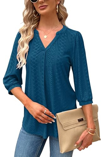 Damen Bluse Elegant V-Ausschnitt 3/4 Ärmel T-Shirts Oberteile Lässige Tunika Kurzarm Shirt Blusen Casual Solide Tops Longshirt für Sommer Hemdbluse Marineblau XXL