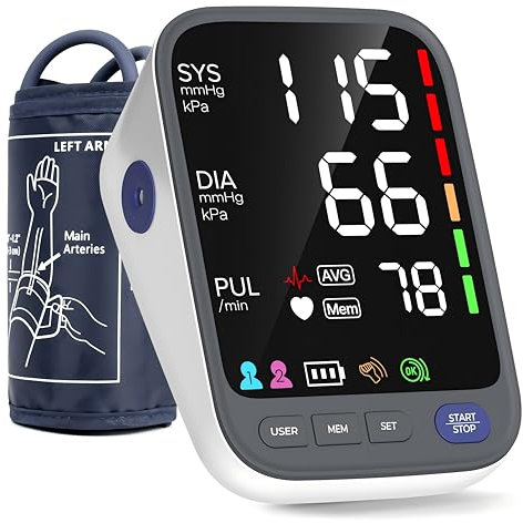 Tensiometre Bras, Tensiomètre à grand brassard (22-42 cm) pour le haut du bras, Écran LED extra-large 6,4 | Tensiometre bras professionnel avec Mémoire 2 x 120 | Moniteur de Fréquence Cardiaque