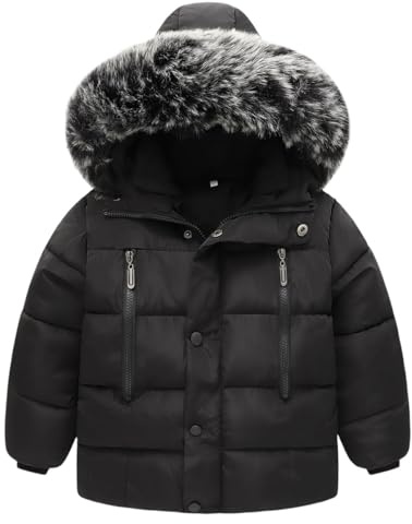 Dunjacka med huva för barn quiltad jacka pojke parkas dragkedja upp vattentät vinter 6 månader - 6 år, Svart, 12-24 mesi