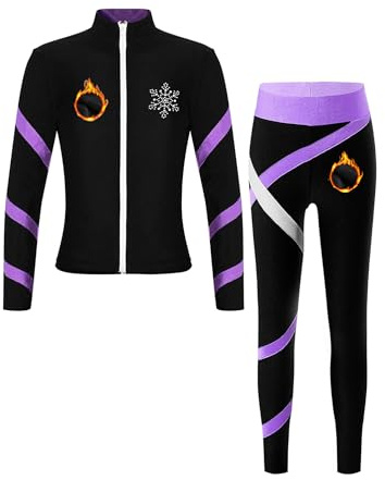 CHICTRY Eiskunstlauf Trainingsanzug Mädchen Thermo Jacke Glitzer Strass Sportjacke Langarm Mit Streifen Patchwork Eislaufhose Tanzhose Wettbewerb Tanzkostüm Helles Lila 134-140