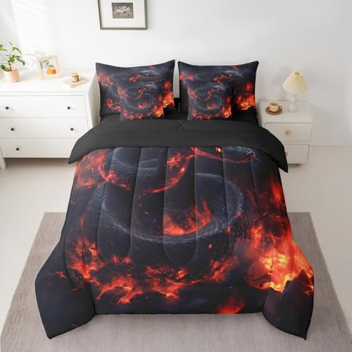 Snake 7 Pieces Bedding Set Full Bed in a Bag,Exotic Fire Snake Comforter Set with Comforter,Flat,Fitted Sheet,Pillowcases,Pillow Covers,3D Flame Magma Soft Warm Microfiber Bedding