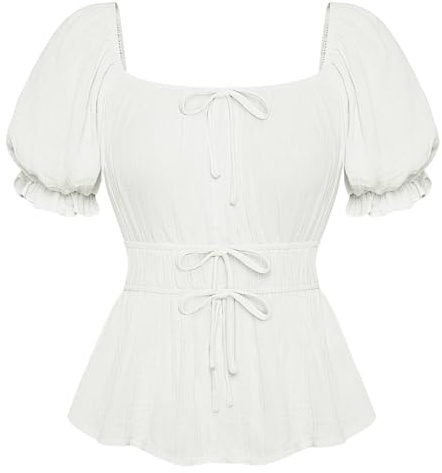 SCARLET DARKNESS Blusa renacentista para mujer, cuello cuadrado, manga corta, cintura elástica, peplum, blanco, M