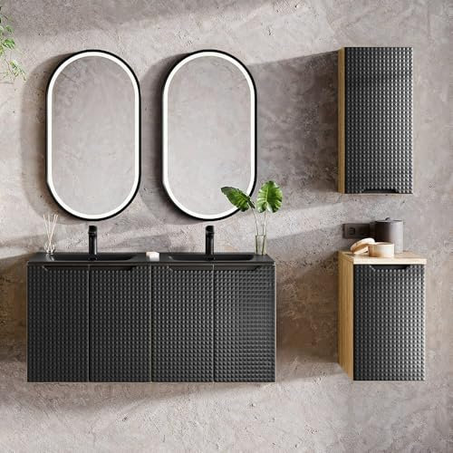 Lomadox Badmöbel Set 5-teilig mit 120cm Waschtisch in Eiche mit schwarz, grifflose 3D-Front, LED-Spiegel