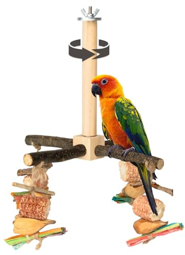 Agape Rotating Parrot Perch Toy with Chew Toy, Natural Wooden Perch Stand for Small & Medium Birds, Bird Cage Accessory with Exercise Wheel for Parakeets Cockatiels Lovebirds Conures Finches Budgies