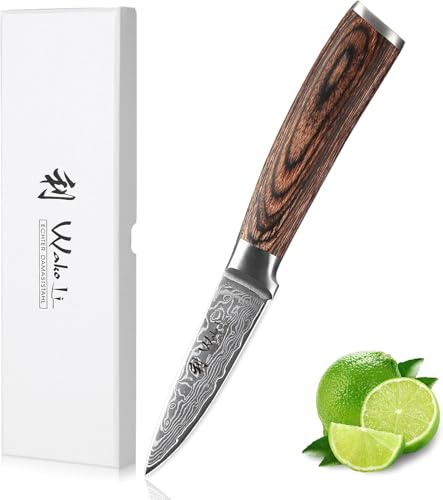 Wakoli EDIB Sakura Officemesser 8 cm aus 67 Lagen Damaststahl mit VG10 Kern | Pakkaholzgriff, beidseitiger 15° V-Schliff, 60 ± 2 HRC, für Schäl-, Putz- und Dekorschnitte bei Obst und Gemüse, Geschenkbox