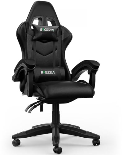 Bigzzia Gaming Stuhl, Gaming Chair mit Bluetooth-Lautsprechern Schwarz | Gaming Sessel mit Lendenkissen und Kopfstütze, höhenverstellbar, PC Stuhl für Erwachsene, Mädchen und Jungen, Computerstuhl