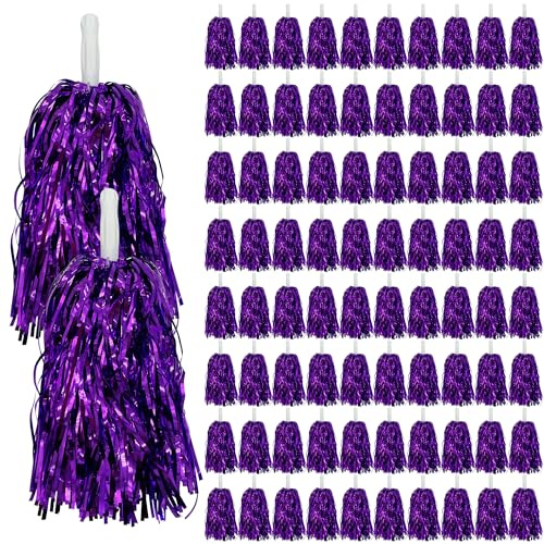 80PCS Cheerleading Pom Poms Metallic Foil Plastic Pom Poms for Football Basketball Sports Squads Dancing Party Stage Performance Celebration (Purple)