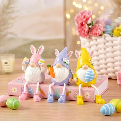 TACROART Easter Gnomes Decorations for Home, Set of 3 Resin Bunny Gnome Shelf Sitters with Dangling Legs - Cute Spring Decor for Tiered Tray, Tabletop, Office Desk, Gift Idea