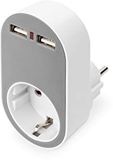 DIGITUS Steckdosen-Adapter mit USB - 2x USB-A - 16A / 250V / 50Hz - IP20 - Steckdose Mit Berührungs-Schutz
