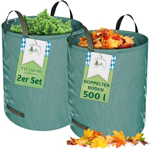 TTL Garden 2x 500L Gartensack - DOPPELTER BODEN extra stabil selbststehend 4 Griffe 150gsm extra groß robust & faltbar - 2er Set Garten Sack Laubsack Abfallsack für Gras Laub Hecke Gartenabfall