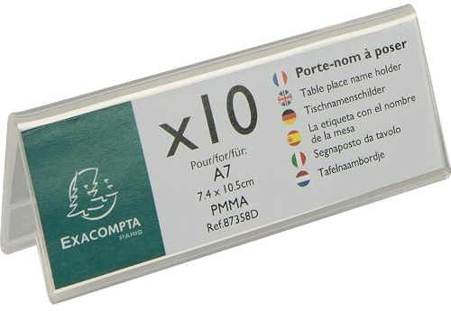 Exacompta - Réf. 87358D - 1 Lot de 10 porte-noms (A7 plié) horizontal Office - Dimensions 105 x 40 mm - PMMA (acrylique) table, affichage, réception, bureau, magasin, restaurants - Couleur Cristal