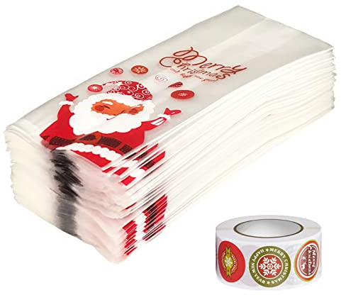 50 Stück Weihnachten Süßigkeiten Taschen, mit 1 Rolle 500 Pcs Weihnachtsaufklebern, Siegelaufklebern, Weihnachtsmann Muster Kekstüten, für Weihnachtssüßigkeiten, Christbaumschmuck, Party Geschenktüte