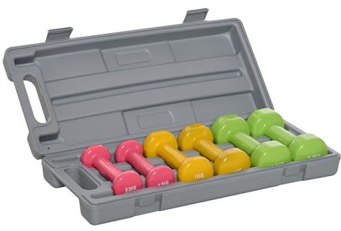HOMCOM Juego de Mancuernas de 6 Piezas Total 6 kg, 2x1,5 kg, 2x1 kg, y 2x0,5 kg, Mancuernas Hexagonales con Revestimiento de PU con Maletín para Ejercicio en Casa, Gimnasio, Multicolor