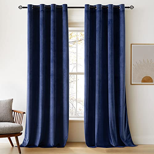 Woaboy Velvet Curtains 90 Drop Navy Blue Curtain for Living Room Thermal Blackout for Bedroom Luxury Eyelet Drapes Soft Window Treatment Insulated Soundproof & Room Darkening W 46 x L 90 2 Panels