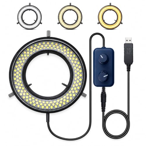 Microscope LED Ring Light Illuminator, USB 5V 144 LED Color Temperature Adjustable, 4 Zone RGB, Focus Lamp Source for Monocular Binocular Trinocular Stereo Microscope Vision Scientific (144 CW WW)