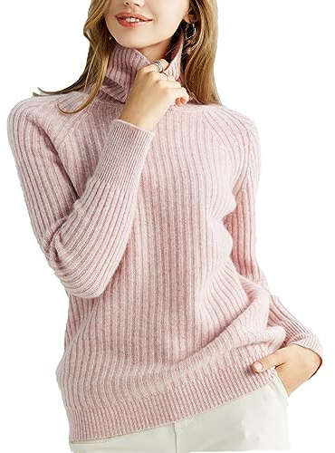Wjnvfioo Jersey de cachemira para mujer, cuello alto, de lana merino, manga larga, para invierno, otoño, jersey, Rosa., S
