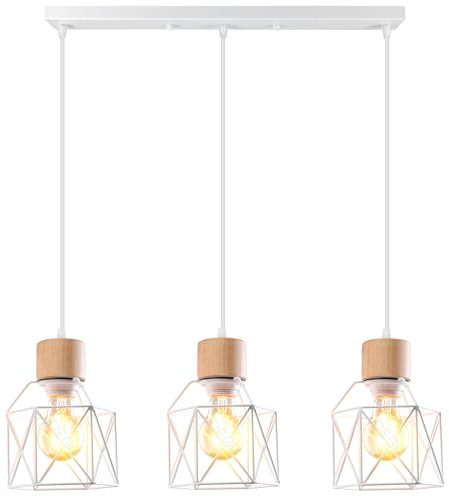 iDEGU Suspension 3 lampor, i metall, lampform i hexagonformad bur, E27-fattning, retro och vintage stil, för kök, vardagsrum, sovrum (med träelement, barr, vit)