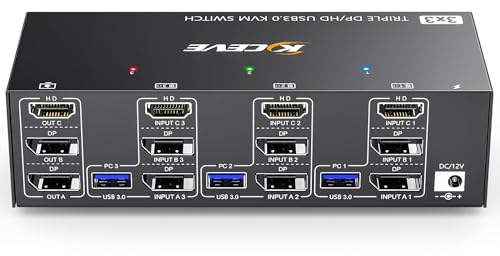 Camgeet 8K KVM Switch 3 Monitors 3 Computers 4K@144Hz 8K@60Hz, Triple Monitor KVM Switch HDMI + 2 Displayport for 3 PC Share 3 Monitor and 4 USB3.0 Ports, kvm switches with Wired Remote usb 3.0 Cable