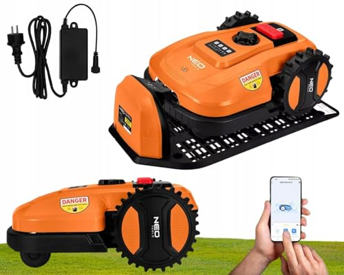 NEO TOOLS Mähroboter mit Austauschbarem Akku für Gärten bis 600 m2 - Steuerung per Smartphone-App - Ladestation, 100m Grenzkabel - 18 V DC, Bürstenlosen Motor, Schnittdurchmesser: 180 mm