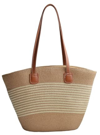 Nicole & Doris halmhandväskor för kvinnor sommar strandväska stor tygväska med dragkedja shoppingväska axelväska korgväska för semesterresor och vardag, Beige rand, Large