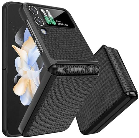 Giyer Handyhülle für Samsung Galaxy Z Flip 4 Hülle mit Displayschutzfolie Scharnierschutz, Rutschfester Textur Hard PC Rugged Stoßfest Schutzhülle für Samsung Z Flip 4 5G Flip Case Cover (Schwarz)