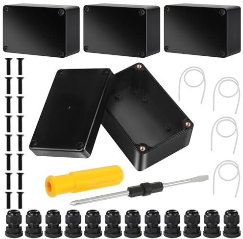 4 Pezzi Scatola Derivazione Stagna, Cassetta Derivazione Esterna Impermeabile IP67 Nera con 12 Pressacavi, Scatole Elettriche da Esterno Stagne per Installazioni Elettriche Interne ed Esterne