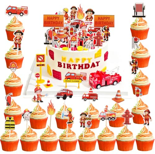 42 st brandkår födelsedagstårtlock, brandman cupcake-topper, brandkår, tårtdekoration, Happy Birthday-brandbil muffinsdekoration, brandman tema tårtdekoration för pojkar barn fest
