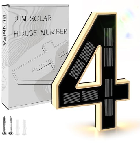 ISUNMEA 9 Inch Solar Lighted House Numbers for Outside, Light Up Waterproof LED Address Numbers Signs for Houses, Large Personalized Illuminated Exterior Modern House Numbers Light (4-Black, 9IN)