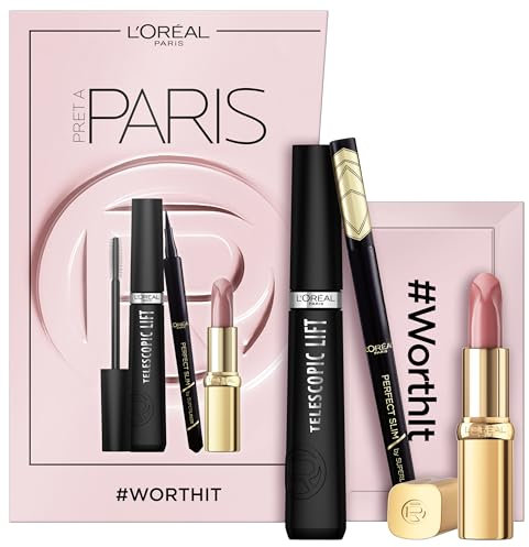L'Oréal Paris, Paris Look Look Set für glamuröse Looks: Mit Telescopic Lift Mascara schwarz, Infaillible Matte Resistance 420 Le Rouge Paris und Super Liner Perfect Slim schwarz, 3-teilig