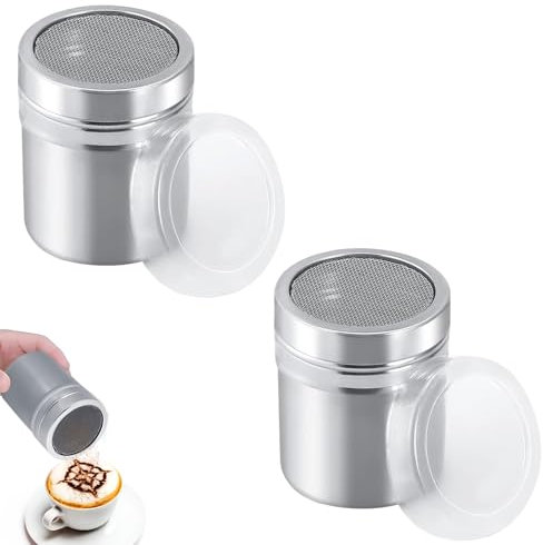 vcsjw 2 unidades de azúcar en polvo, para capuchino, acero inoxidable, con dos tapas, para cacao, café, chocolate, azúcar, sal